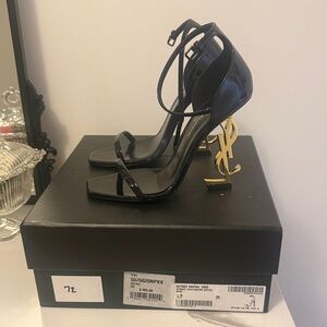 Yves Saint Laurent Glossy Black Heels with Gold Monogram
